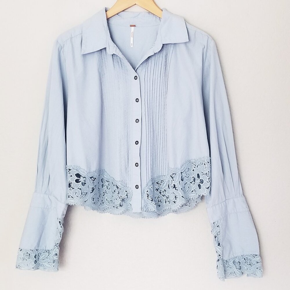 Free People Crochet Lace Trim Hooked On You Top Button Front Shirt Blue M $128 - Picture 3 of 16